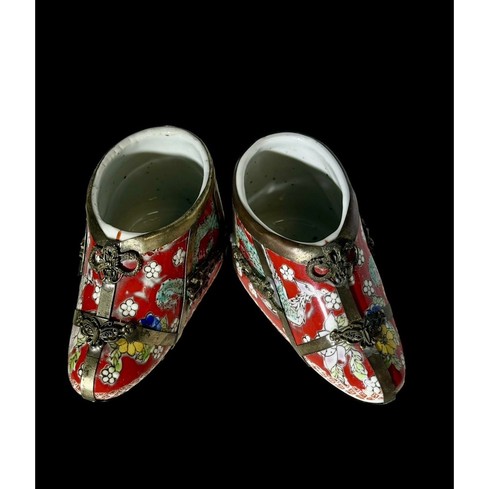 Chinese Porcelain Miniature Shoes Encased in Tibetan Silver w/Dragon